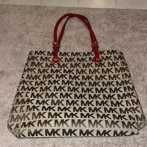 Michael Kors Signature Classic Monogram MK Tall Jet Set Tote in Brown/Tan/Red. - Picture 1 of 11